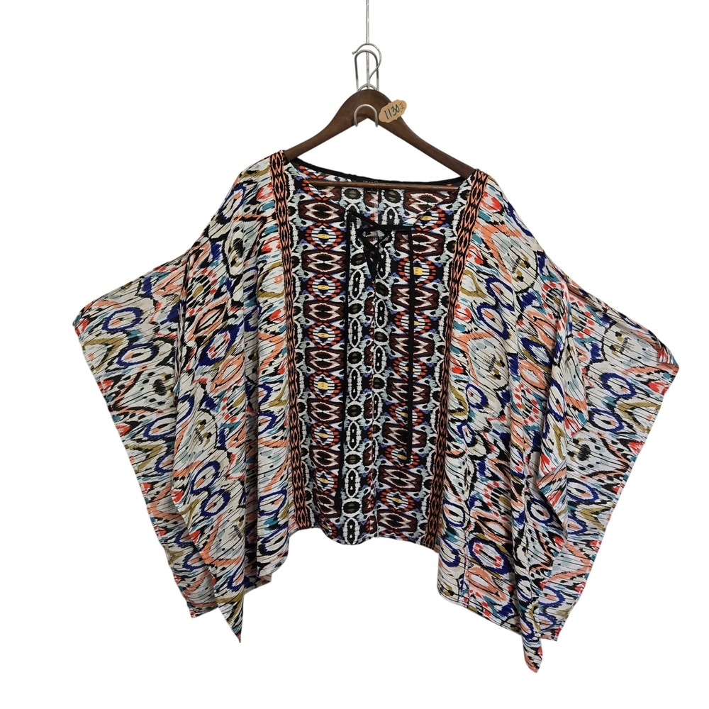 Heart Soul Womens Plus 1X Ikat Geometric Print Lace Up Poncho Top 87GB0093PTRM